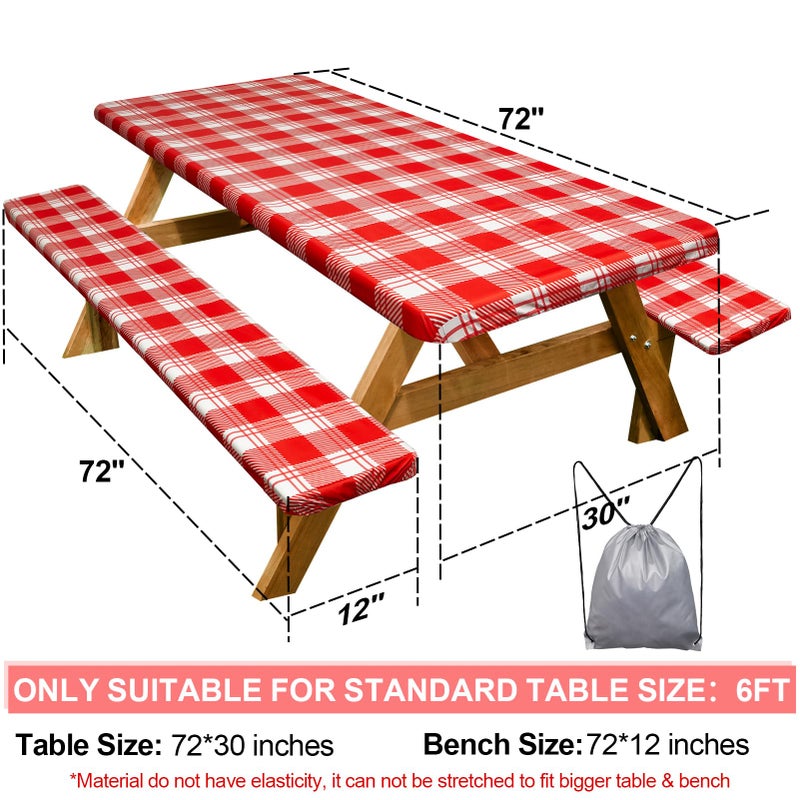 Play Tailor Picnic Table Cover with Bench Covers Camping Essentials Waterproof Windproof Camping Tablecloth with Drawstring Bag  Fitted Rectangle Tables and Seats  72in  Red Checkered - Image 2